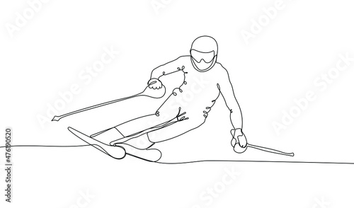 Continuous one line drawing of mountain skier speeding down slope. Outdoor extreme sport. Winter season sport.  Vector illustration