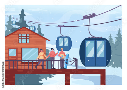 Ski lift platform. Aerial lift lifting up people to a slope top. Winter