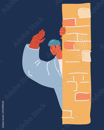 Vector illustration of man peeking behind wall over dark background