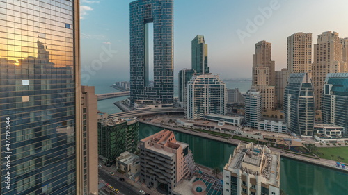 Dubai Marina skyscrapers and JBR district with luxury buildings and resorts aerial timelapse © neiezhmakov