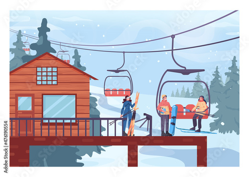 Ski lift platform. Chairlift lifting up people to a slope top. Winter ski resort