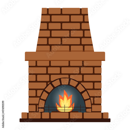 Brick fireplace isolated on white background. Interior element. Vector illustration