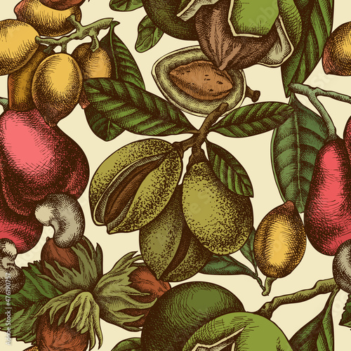 Seamless pattern with hand drawn colored cashew, pistachio, hazelnut, almond, walnut