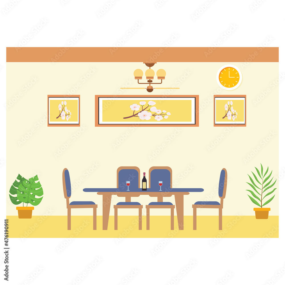 Fototapeta premium Interior of dining room, table and chairs. Flat Design Vector Illustration