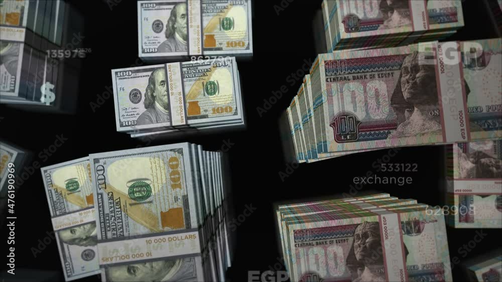 American Dollar and Egypt Pound money exchange. Banknotes pack bundle. Concept of trade, economy, competition, crisis, banking and finance. Notes loopable seamless 3d.