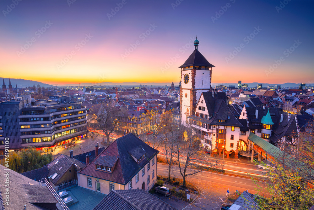 Freiburg im Breisgau, Germany. Aerial cityscape image of Freiburg im Breisgau, Germany with Swabian Gate at autumn sunset.