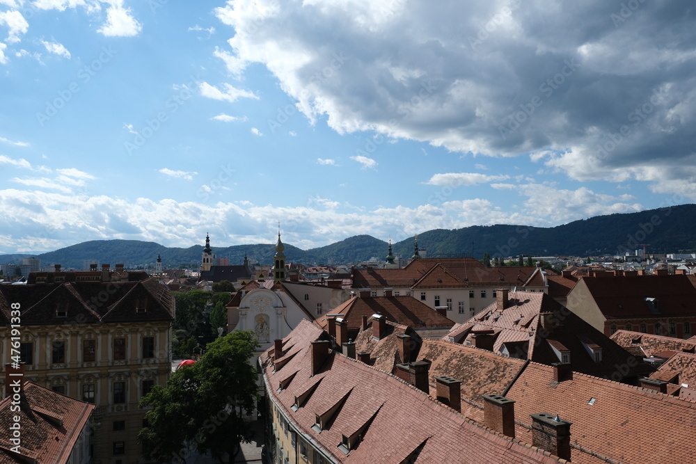 roof top view of Graz, Austria. Old city roof top view with red roof tiles. 