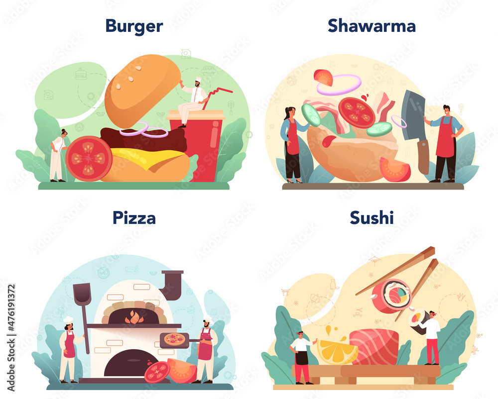 Fast food catering set. Hamburger, shawarma, pizza and sushi. Collection of man