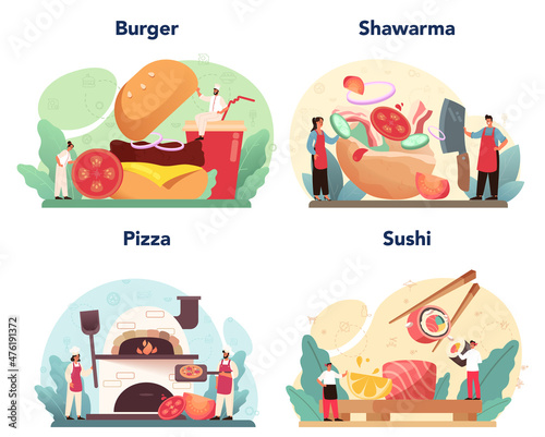 Fast food catering set. Hamburger, shawarma, pizza and sushi. Collection of man