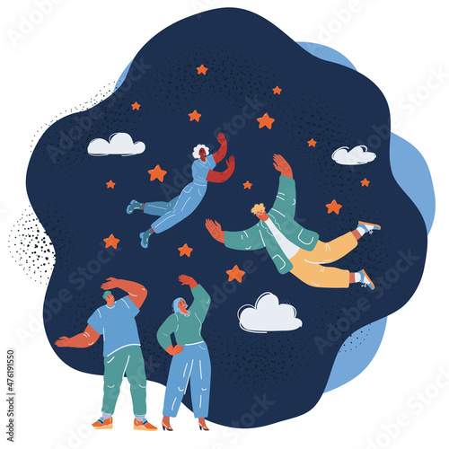 Vector illustration of successful people flying to goal over dark background