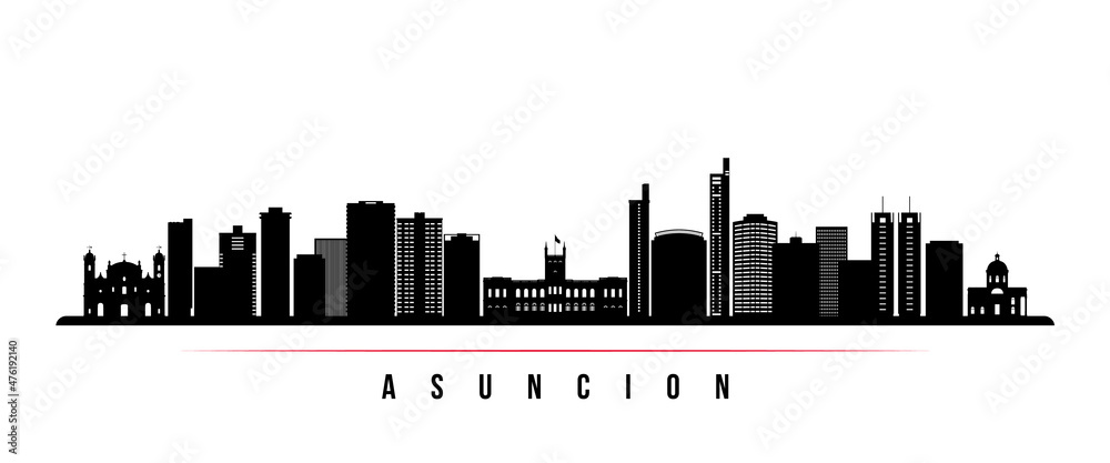 Asuncion skyline horizontal banner. Black and white silhouette of Asuncion, Paraguay. Vector template for your design.
