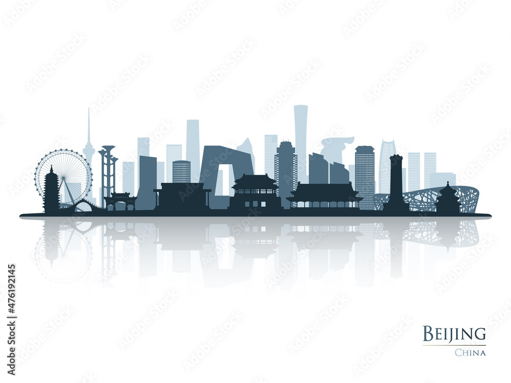 Beijing skyline silhouette with reflection. Landscape Beijing, China. Vector illustration.