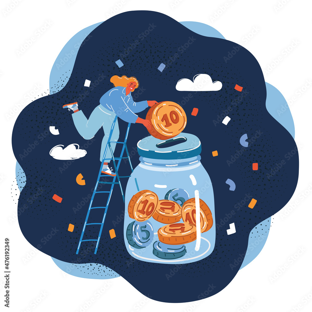 Vector illustration of Tiny woman Collect Golden Coins into Huge Glass ...