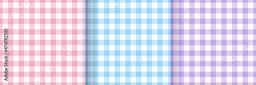 Tablecloth seamless patterns. Check gingham textures. Set of vichy backgrounds. Plaid picnic prints. Pastel retro wallpapers. Tartan textile grid. Flannel backdrop. Vector illustration.
