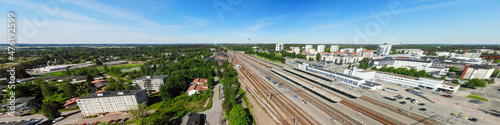 Aerial panoramic view of Kouvola railway station and city center.