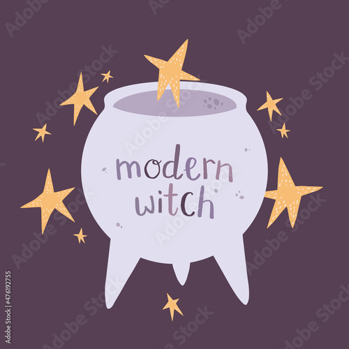 Purple magic cauldron with the inscription modern witch