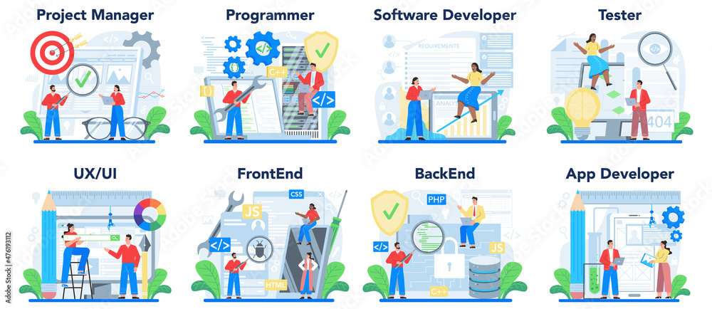 Web development concept set. Programming, coding and presenting