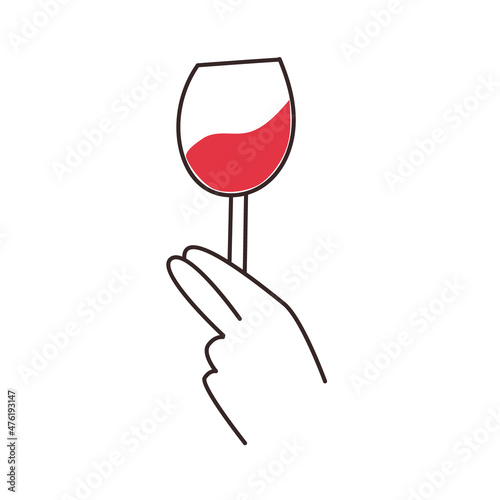 Male hand holding glass of prosecco red wine flat vector illustration. Minimalist line art of cheers glass of cocktail, champagne drink. Abstract linear sommelier arm with wineglass, isolated white