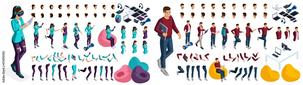 Large isometric Set of gestures of hands and feet girls and guys 3d teenager, gamer, student. Create your isometric character for vector illustrations