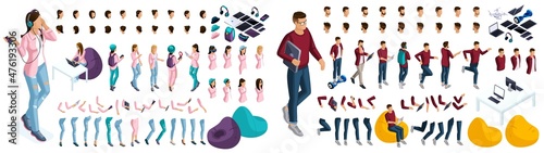 Large isometric Set of gestures of hands and feet of a woman and men 3D teenager, student, startup. Create your isometric character for vector illustrations