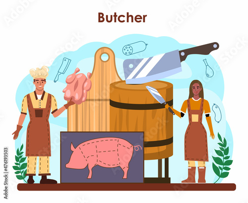 Butcher or meatman concept. Fresh meat and semi-finished products