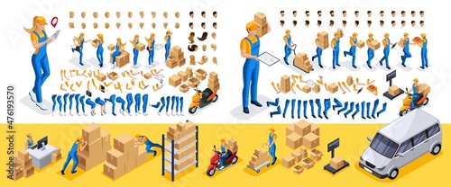 Isometric Create your character, courier, girl and guy from the delivery service. Set of gestures of hands, feet, emotions of the character, a set of different hairstyles. Set 4