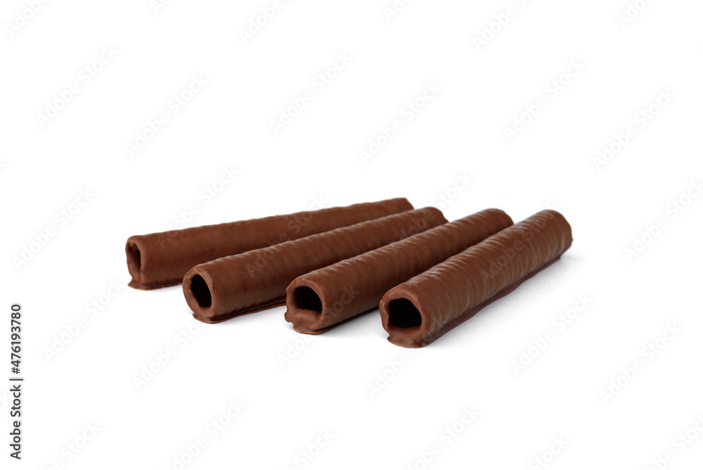 Waffle rolls coated chocolate isolated on white background. Waffle rolls coated chocolate isolated on white background.