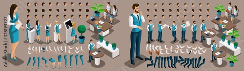 Isometric 3D girl and man bank employees, a set of hand and foot gestures, hairstyles, emotions to create your character. Create a group of unique characters. Set 4