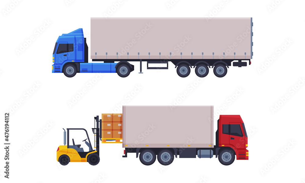 Large Truck as Cargo Transport and Freight Delivering Service Vector Set Large Truck as Cargo Transport and Freight Delivering Service Vector Set
