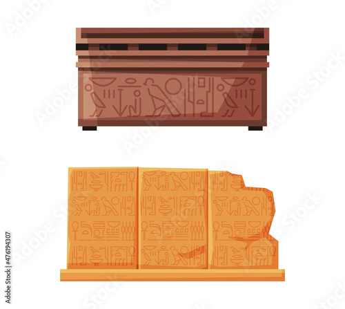 Ancient Egypt Stone with Rock Engraving and Drawing Vector Set
