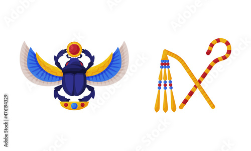 Crossed Sceptre with Whip and Scarab Beetle as Ancient Egyptian Symbol of Power Vector Set