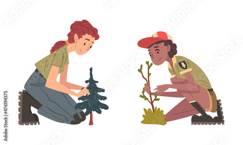 Woman Forest Ranger in Uniform Sitting on Knees Near Tree at National Park Protecting and Preserving Flora Vector Set