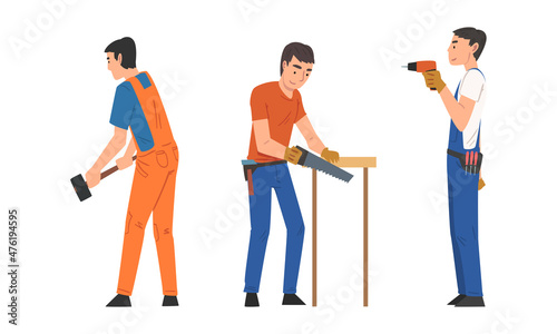 Handyman or Fixer as Skilled Man with Saw and Hammer Engaged in Home Repair Work Vector Set