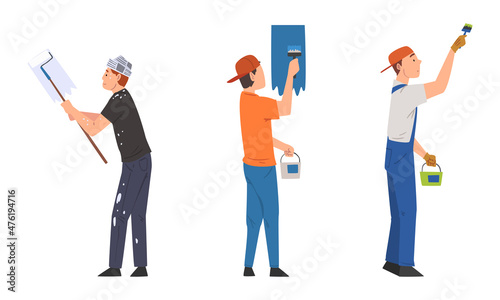 Handyman or Fixer as Skilled Man with Brush Painting Wall Engaged in Home Repair Work Vector Set