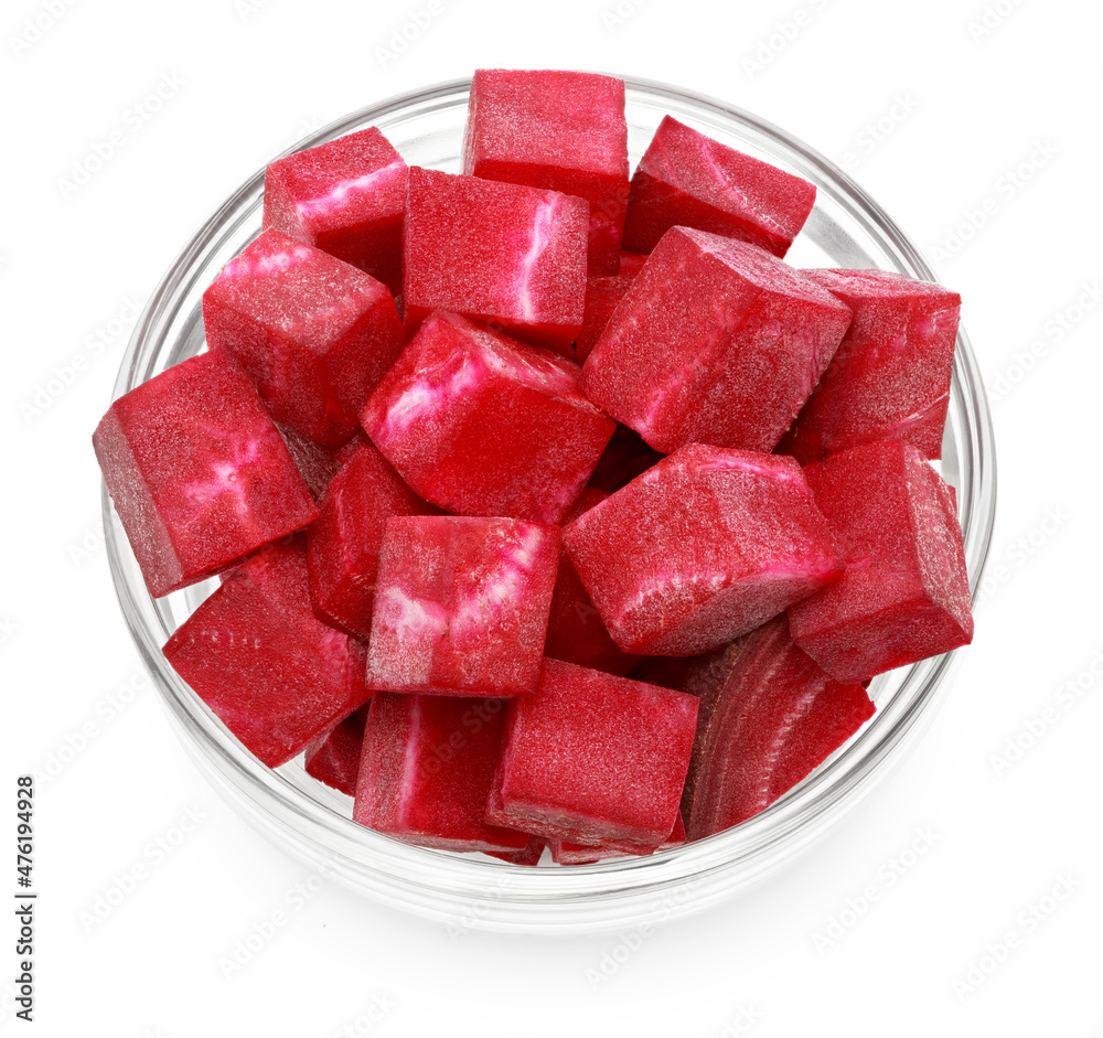 pieces of beetroot in glass bowl isolated on white background. clipping path. top view pieces of beetroot in glass bowl isolated on white background. clipping path. top view