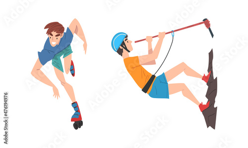 Man Roller Skating and Climbing Slope Mountain Holding Rope Engaged in Extreme Sport Activity Vector Set