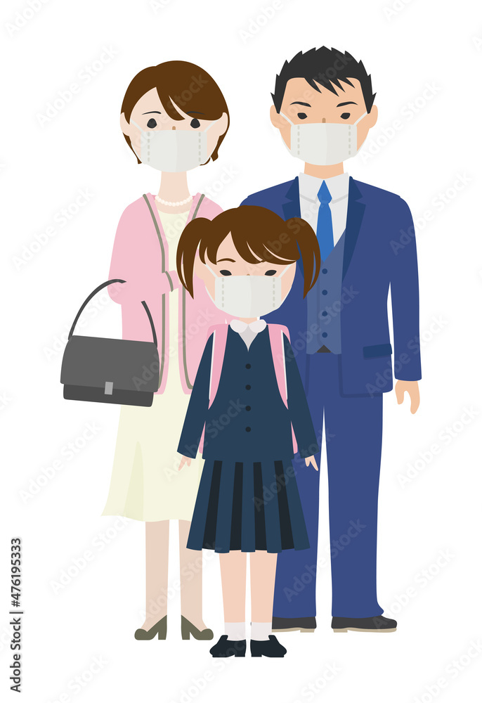 マスクを着けた制服姿の小学生とスーツ姿の両親 マスクを着けた制服姿の小学生とスーツ姿の両親