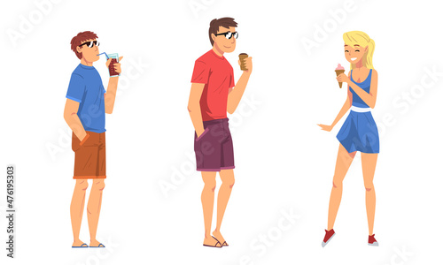 Relaxed People Character in Shorts and Sunglasses Drinking Soda and Eating Ice Cream Vector Set © topvectors