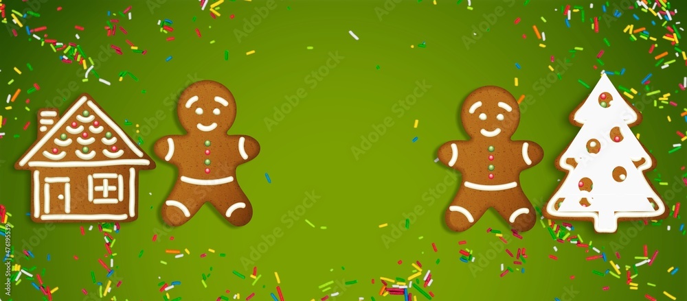 Happy New Year's set of cookies, gingerbread man, xmas tree, house from ginger biscuits glazed sugar decoration