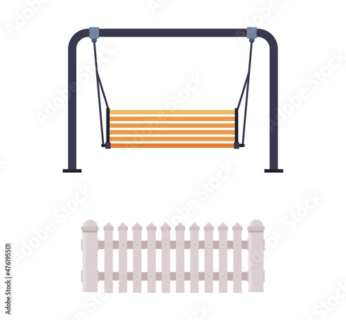 Wooden Fence and Swing Seat Suspended on Frame as City Park Element Vector Set