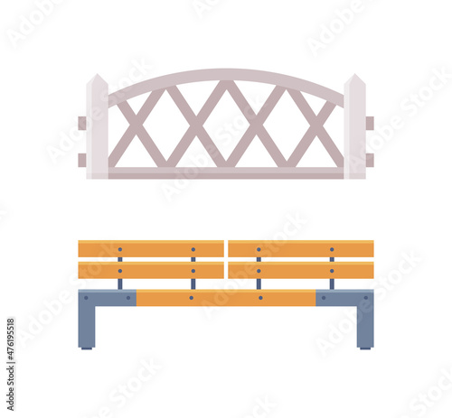 Wooden Fence and Bench Seat as City Park Element Vector Set