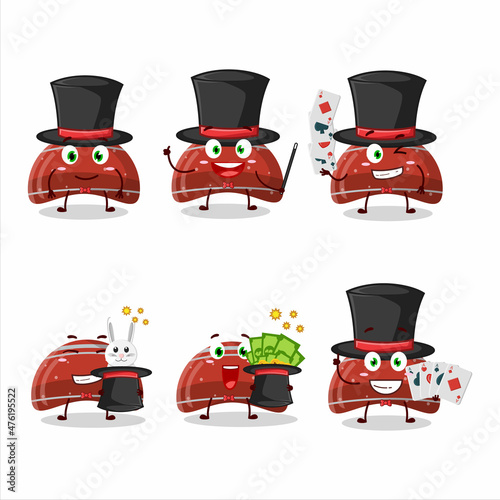 A curve red gummy candy Magician cartoon character perform on a stage