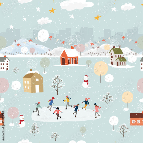 Winter landscape at night with people having fun doing outdoor activities on new year,Christmas day in village with people celebration, kid playing ice skates, teenagers skiing with snow falling