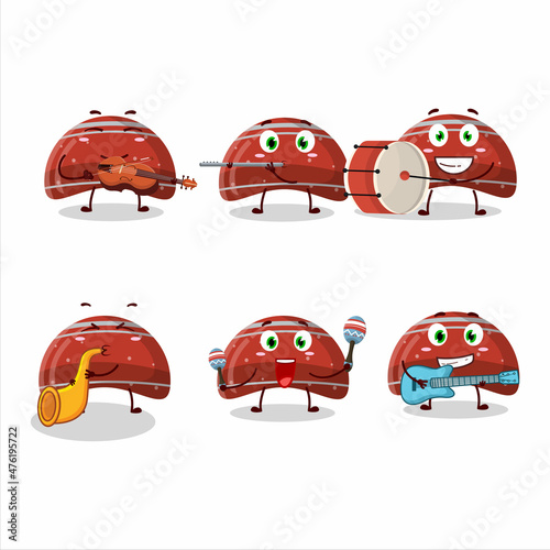 Cartoon character of curve red gummy candy playing some musical instruments