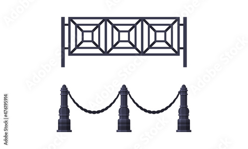 Fence and Metal Road Barrier as City Park Element Vector Set