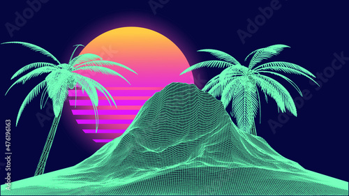 Retro 80s synthwave styled 3D landscape with green laser grid mountains and palm trees. Vector illustration.