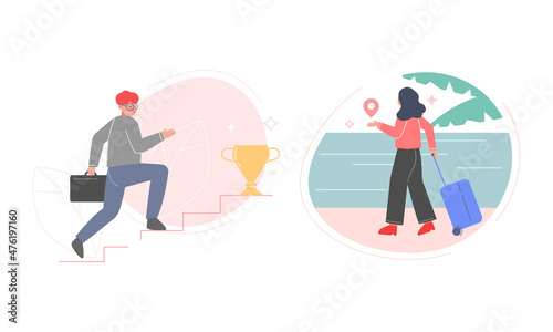 Man Employee with Briefcase Walking Up the Staircase and Woman with Suitcase at Seashore Vector Set