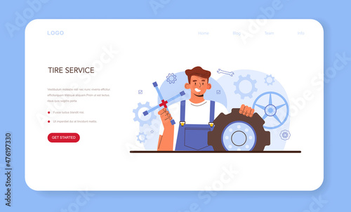 Car tire service web banner or landing page. Worker changing a tire