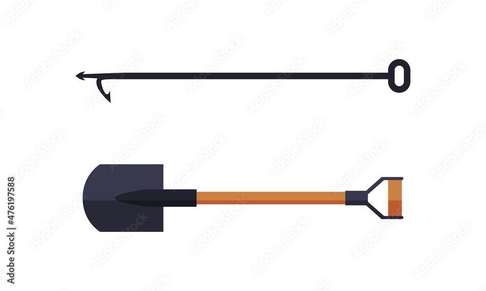 Fire Shovel and Pike Pole or Hook as Firefighting Equipment Vector Set Fire Shovel and Pike Pole or Hook as Firefighting Equipment Vector Set