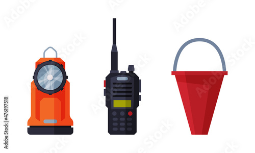 Red Fire Bucket and Walkie Talkie as Firefighting Equipment Vector Set